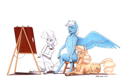 Size: 1500x990 | Tagged: safe, artist:baron engel, derpibooru import, oc, oc only, oc:carousel, oc:petina, oc:sky brush, earth pony, pegasus, pony, unicorn, belly, belly button, ponies sitting like humans, simple background, slim, thin, traditional art, trio, white background