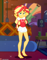 Size: 1500x1942 | Tagged: safe, artist:dieart77, derpibooru import, sunset shimmer, human, equestria girls, adidas, barefoot, clothes, commission, deviantart, deviantart logo, dress, feet, female, indoors, logo, looking at you, patreon, patreon logo, skirt, solo, url