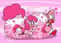 Size: 2266x1626 | Tagged: safe, artist:shslsadcat, derpibooru import, pinkie pie, earth pony, hedgehog, pony, amy rose, crossover, diaper, diaper fetish, fetish, impossibly large diaper, non-baby in diaper, poofy diaper, sonic the hedgehog (series), tongue, tongue out