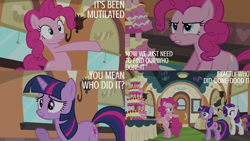 Size: 4400x2475 | Tagged: safe, derpibooru import, edit, edited screencap, editor:quoterific, screencap, mulia mild, pinkie pie, rarity, twilight sparkle, unicorn twilight, earth pony, pony, unicorn, mmmystery on the friendship express, bipedal, cake, female, food, friendship express, locomotive, mare, marzipan mascarpone meringue madness, steam locomotive, train