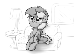 Size: 3359x2463 | Tagged: safe, artist:background basset, derpibooru import, lyra heartstrings, pony, unicorn, depression, grayscale, monochrome, sitting, sofa, solo