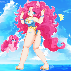 Size: 2048x2048 | Tagged: safe, artist:bununuchi, derpibooru import, pinkie pie, human, pony, balloonbutt, beach, boobs and butt pose, breasts, butt, chibi, chubby, cleavage, clothes, cloud, cute, cutie mark, cutie mark on human, female, female focus, frilled swimsuit, human coloration, humanized, light skin, looking at you, ocean, one-piece swimsuit, sky, sleeveless, smiling, solo focus, swimsuit, water, wavy hair