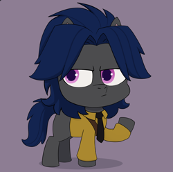 Size: 1808x1794 | Tagged: safe, derpibooru import, oc, oc only, oc:mattriel, earth pony, pony, g4, g4.5, my little pony: pony life, clothes, earth pony oc, g4 to g4.5, generation leap, male, purple background, simple background, solo, stallion