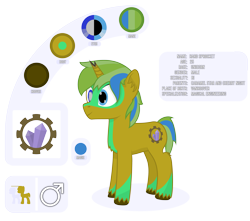 Size: 4213x3719 | Tagged: safe, artist:mrkm, derpibooru exclusive, derpibooru import, oc, oc:hard sprocket, pony, unicorn, bisexual, blind eye, broken horn, cutie mark, full body, horn, male, male symbol, reference sheet, simple background, size comparison, smiling, solo, stallion, transparent background, unicorn oc, unshorn fetlocks