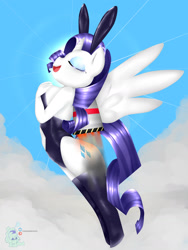 Size: 1280x1705 | Tagged: source needed, safe, artist:paigeorwhatevs, derpibooru import, rarity, alicorn, anthro, alicornified, bunny suit, clothes, eyes closed, flying, hand on chest, happy, jetpack, leotard, open mouth, race swap, raricorn, sky, sky background, solo