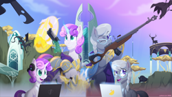 Size: 1920x1080 | Tagged: safe, artist:willoillo, derpibooru import, silver spoon, sweetie belle, earth pony, pony, unicorn, armor, commission, computer, destiny, gun, handgun, headphones, hoof hold, laptop computer, levitation, magic, pistol, rifle, telekinesis, weapon