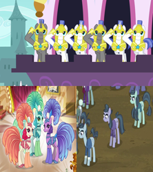 Size: 1280x1440 | Tagged: safe, derpibooru import, edit, edited screencap, screencap, buzzsaw mccolt, crosscut mccolt, emerald flare, hacksaw mccolt, sapphire sequins, sunset circus, earth pony, pegasus, pony, unicorn, a canterlot wedding, the hooffields and mccolts, armor, clothes, cropped, feather, female, front knot midriff, gameloft, headdress, male, mare, mccolt family, midriff, official, performer, royal guard, salute, saw sisters, shipping, shipping domino, shirt, show mares, showgirl, slim, straight, thin, trio