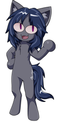 Size: 1108x2349 | Tagged: safe, derpibooru import, oc, oc only, oc:mattriel, earth pony, semi-anthro, bipedal, blue mane, cat ears, earth pony oc, fusion, long mane, long mane male, looking sideways, male, mischievous, neco-arc, open mouth, pink eyes, simple background, slit eyes, smiling, solo, stallion, transparent background