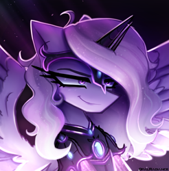 Size: 2800x2840 | Tagged: safe, artist:opal_radiance, derpibooru import, oc, oc only, oc:iron glamour, pegasus, pony, eyebrows, fake horn, female, high res, kofi reward, mare, pegasus oc, signature, smiling, smirk, solo, spread wings, wings