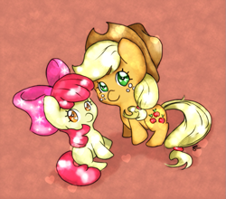 Size: 903x793 | Tagged: safe, artist:chiuuchiuu, derpibooru import, apple bloom, applejack, earth pony, pony, adorabloom, apple bloom's bow, apple sisters, applejack's hat, bow, clothes, cowboy hat, cute, female, filly, foal, hair bow, hat, jackabetes, looking at you, siblings, simple background, sisters