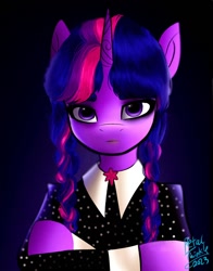 Size: 1074x1368 | Tagged: safe, artist:peptwinklr, derpibooru import, twilight sparkle, pony, alternate hairstyle, bust, clothes, crossover, portrait, solo, the addams family, wednesday addams