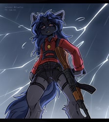 Size: 1594x1791 | Tagged: safe, artist:kosha, derpibooru import, oc, oc only, oc:mattriel, earth pony, pony, semi-anthro, ak, ak-47, assault rifle, bipedal, blue mane, clothes, earth pony oc, garter belt, garters, glowing, glowing eyes, gun, harness, jewelry, lightning, long mane, long mane male, male, necklace, open mouth, rain, red shirt, rifle, shorts, solo, stallion, tack, tired, weapon