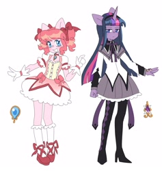 Size: 2691x2837 | Tagged: safe, artist:exxi00, derpibooru import, pinkie pie, twilight sparkle, unicorn twilight, anthro, plantigrade anthro, unicorn, anime, bow, clothes, cosplay, costume, dress, grin, hair bow, homura akemi, looking at you, madoka kaname, magical girl, puella magi madoka magica, simple background, smiling, unamused, white background