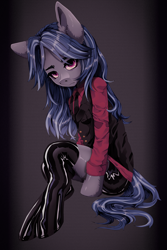 Size: 1942x2903 | Tagged: safe, artist:tweenstrip, derpibooru import, oc, oc only, oc:mattriel, anthro, earth pony, unguligrade anthro, blue mane, clothes, earth pony oc, latex, latex stockings, long mane, long mane male, looking at you, male, necktie, pink eyes, red shirt, shorts, sitting, solo, stallion, stockings, striped background, thigh highs, thighs, two toned mane, waistcoat