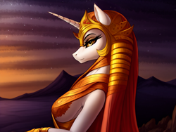 Size: 2048x1536 | Tagged: safe, derpibooru import, editor:mr-bat, generator:stable diffusion, machine learning generated, daybreaker, anthro, breasts, egyptian, egyptian headdress, horn, pony ears, sideboob, wingless