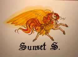 Size: 3627x2639 | Tagged: safe, artist:emilychristman, derpibooru import, sunset shimmer, alicorn, pony, alicornified, artificial wings, augmented, flying, magic, magic wings, race swap, shimmercorn, solo, spread wings, traditional art, wings