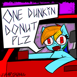 Size: 900x903 | Tagged: safe, artist:xxv4mp_g4z3rxx, derpibooru import, rainbow dash, pegasus, pony, car, driving, female, implied dunkin donuts, mare, red eyes, solo, text