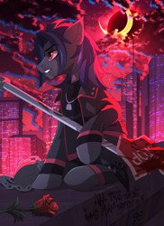 Size: 2000x2741 | Tagged: safe, artist:redchetgreen, derpibooru import, oc, oc only, oc:mattriel, earth pony, pony, annoyed, bags under eyes, belt, blood, blood splatter, blood stains, blue mane, chains, city, cityscape, clothes, cloud, crescent moon, earth pony oc, eclipse, flower, full body, golden eyes, gritted teeth, harness, insanity, irritated, jacket, long mane, long mane male, male, melancholy, moon, night, night sky, open mouth, outdoors, pants, pink eyes, profile, red light, red sky, road sign, roof, rooftop, rose, sign, sitting, sky, skyscraper, solo, spire, stallion, stop sign, surreal, tack, teeth, tired, two toned mane