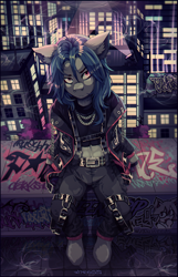 Size: 1905x2960 | Tagged: safe, artist:tweenstrip, derpibooru import, oc, oc only, oc:mattriel, earth pony, semi-anthro, aesthetics, belly, belt, blue mane, chains, city, cityscape, clothes, detailed background, earth pony oc, frown, full body, graffiti, harness, irritated, jacket, long mane, long mane male, looking up, male, neco-arc, neon, night, pants, pink eyes, roof, rooftop, sitting, skyscraper, smoke, solo, spotlight, stallion, tack, tree, two toned mane