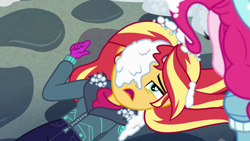 Size: 1920x1080 | Tagged: safe, derpibooru import, screencap, pinkie pie, sunset shimmer, better together, equestria girls, holidays unwrapped, duo, duo female, female, saving pinkie's pie, snow, snowball, snowball fight