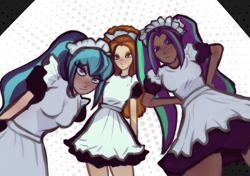 Size: 2893x2039 | Tagged: safe, artist:meliciamelano, derpibooru import, adagio dazzle, aria blaze, sonata dusk, human, equestria girls, clothes, dark skin, dress, from below, human coloration, light skin, looking at you, looking down, looking down at you, maid, simple background, smug, tan skin, the dazzlings