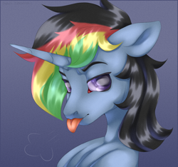 Size: 2000x1875 | Tagged: safe, artist:deadoyster, derpibooru import, oc, oc only, oc:öyster blue, pony, unicorn, bust, commission, ears back, gradient background, looking at you, miserable, portrait, simple background, solo, tongue, tongue out, ych result