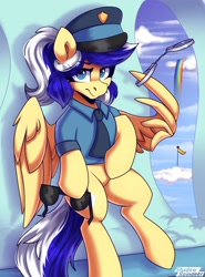Size: 1700x2300 | Tagged: safe, artist:shadowreindeer, derpibooru import, oc, oc:animatedpony, pegasus, bipedal, bipedal leaning, clothes, commission, cuffs, leaning, necktie, police, police officer, police uniform, sky, wing hands, wings