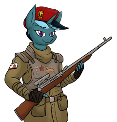 Size: 1702x1774 | Tagged: safe, artist:moonatik, derpibooru import, oc, oc only, oc:sol nightshade, anthro, unicorn, anthro oc, armor, belt, beret, canteen, fallout, fallout: new vegas, flag, gun, hat, male, new california republic, rifle, simple background, sniper rifle, solo, stallion, transparent background, weapon