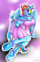 Size: 3186x4946 | Tagged: safe, alternate version, artist:mailner, derpibooru import, rainbow dash, anthro, cow, pegasus, unguligrade anthro, blushing, clothes, collar, colored wings, corset, cow girl, cowgirl, cowified, cute, ear piercing, female, hooves, horns, looking at you, piercing, rainbovine dash, solo, species swap, wings