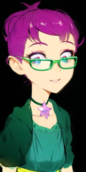 Size: 384x768 | Tagged: safe, derpibooru import, machine learning generated, human, equestria girls, anime, female, grassy knoll (character), happy, pinegraph, simple background, solo