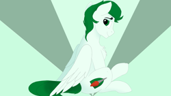 Size: 1920x1080 | Tagged: safe, artist:puginpocket, derpibooru import, oc, oc only, oc:herald flame, pegasus, pony, folded wings, green coat, green eyes, green mane, looking back, male, pegasus oc, pony oc, side view, sitting, smiling, solo, stallion, stallion oc, wings