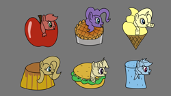 Size: 1920x1080 | Tagged: safe, artist:platinumdrop, derpibooru import, applejack, fluttershy, pinkie pie, rainbow dash, rarity, twilight sparkle, food pony, original species, pony, apple, applejack becoming an apple, burger, flan, food, food transformation, hay burger, ice cream, mane six, marshmallow, pie, pinkie pie (form), pudding, request, simple background, smiling, transformation, twilight burgkle