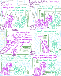 Size: 4779x6013 | Tagged: safe, artist:adorkabletwilightandfriends, derpibooru import, lyra heartstrings, twilight sparkle, twilight sparkle (alicorn), alicorn, pony, unicorn, comic:adorkable twilight and friends, adorkable, adorkable twilight, bus stop, casual nudity, comic, confused, cute, dork, duo, friendship, hiding, nudity, physics, puddle, rain, shaking, shaking hoof, shelter, sign, sitting, slice of life, smiling, water, we don't normally wear clothes