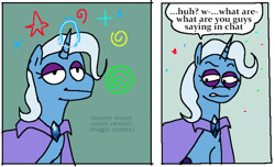 Size: 1461x886 | Tagged: safe, artist:punkittdev, derpibooru import, trixie, pony, unicorn, cape, clothes, comic, cropped, dialogue, female, glowing, glowing horn, horn, horsecomix, jerma985, magic, magic aura, mare, solo, speech bubble, text, trixie's cape, twitch