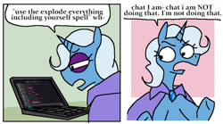 Size: 1545x861 | Tagged: safe, artist:punkittdev, derpibooru import, trixie, pony, unicorn, cape, clothes, comic, computer, cropped, dialogue, female, horsecomix, jerma985, laptop computer, magic, mare, solo, speech bubble, text, trixie's cape, twitch