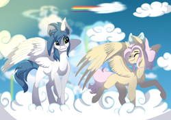 Size: 934x655 | Tagged: safe, artist:brybrychan, derpibooru import, oc, oc only, pegasus, pony, cloud, duo, looking back, on a cloud, pegasus oc, raised hoof, raised leg, smiling, wings