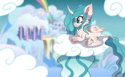 Size: 1934x1200 | Tagged: safe, artist:brybrychan, derpibooru import, oc, oc only, alicorn, pony, alicorn oc, cloud, cloudsdale, ear fluff, ears, eyelashes, horn, lying down, on a cloud, prone, solo, story included, wings