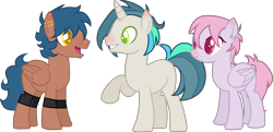 Size: 1985x962 | Tagged: safe, artist:yeetmedownthestairs, derpibooru import, oc, oc only, oc:pink lumine, oc:shallow win, pegasus, pony, unicorn, 2023 community collab, blank flank, derpibooru community collaboration, ear piercing, earring, grin, jewelry, male, open mouth, piercing, raised hoof, raised leg, simple background, smiling, stallion, transparent background, trio, unnamed oc