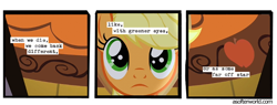 Size: 720x275 | Tagged: safe, edit, edited screencap, screencap, applejack, earth pony, apple family reunion, a softer world, comic, female, looking up, mare, reincarnation, rug, screencap comic, solo, text