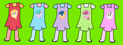 Size: 1547x571 | Tagged: safe, artist:hasbropreschool1983, derpibooru import, aura (character), first base, noi, ruby pinch, sweetie belle, earth pony, pegasus, pony, unicorn, g4, adorabase, alternate mane five, aurabetes, autism, clothes, cute, diasweetes, female, filly, foal, green background, grin, long socks, mane five, noiabetes, overalls, pegasus first base, pinchybetes, race swap, shirt, shoes, simple background, smiling, socks, topwear