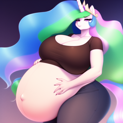 Size: 640x640 | Tagged: safe, derpibooru import, machine learning generated, princess celestia, anthro, belly, belly button, big belly, big breasts, breasts, cleavage, clothes, female, gradient background, huge belly, huge breasts, hyper, hyper belly, hyper pregnancy, impossibly large belly, outie belly button, preglestia, pregnant, solo, solo female