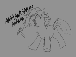 Size: 1470x1110 | Tagged: safe, artist:darkpandax, derpibooru import, limestone pie, earth pony, pony, aaaaaaaaaa, angry, female, hammer, mare, monochrome, screaming, solo