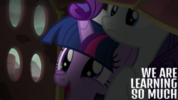 Size: 1920x1080 | Tagged: safe, derpibooru import, edit, edited screencap, editor:quoterific, screencap, rarity, twilight sparkle, twilight sparkle (alicorn), alicorn, pony, unicorn, gauntlet of fire, book, duo, duo female, female, mare, rock costume