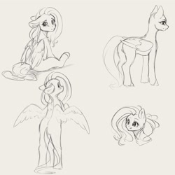 Size: 4000x4000 | Tagged: safe, artist:miokomata, derpibooru import, fluttershy, pegasus, pony, absurd resolution, bipedal, bipedal leaning, butt, cute, ears, female, floppy ears, flutterbutt, freckles, freckleshy, grayscale, leaning, looking at you, looking back, looking back at you, mare, monochrome, plot, shyabetes, simple background, sitting, sketch, solo, white background