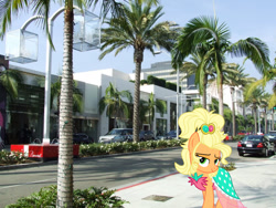 Size: 1024x768 | Tagged: safe, artist:vector-brony, derpibooru import, applejack, earth pony, pony, alternate hairstyle, applejewel, bedroom eyes, brazil, car, clothes, dress, female, irl, mare, palm tree, photo, ponies in real life, rio de janeiro, road, solo, tree