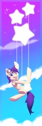 Size: 1210x3609 | Tagged: safe, artist:senaelik, derpibooru import, star dancer, earth pony, pony, cloud, floating, gradient background, sky background, solo, sparkles, stars, strategically covered, tangible heavenly object