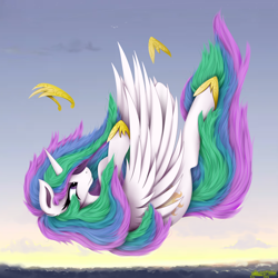 Size: 4000x4000 | Tagged: safe, artist:ser-p, derpibooru import, princess celestia, alicorn, pony, absurd resolution, cloud, falling, frown, jewelry, scenery, signature, sky, solo, tiara, windswept mane