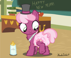 Size: 1357x1110 | Tagged: safe, artist:thunderdasher07, derpibooru import, cheerilee, earth pony, pony, age regression, apple, baby bottle, baby new year, book, chalkboard, chest, classroom, desk, diaper, diaper fetish, female, fetish, filly, filly cheerilee, fluffy, foal, food, hat, leg fluff, non-baby in diaper, ponyville schoolhouse, poofy diaper, raised leg, sash, show accurate, solo, top hat, wetness indicator, younger