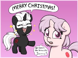 Size: 2148x1594 | Tagged: safe, artist:heretichesh, derpibooru import, oc, oc only, oc:red pill, oc:s.leech, pony, unicorn, christmas, cute, dialogue, duo, eyes closed, female, filly, foal, gradient background, holiday, looking at you, merry christmas, open mouth, open smile, out of season, slowpoke, smiling, sparkles, speech bubble, talking to viewer