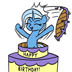 Size: 1150x1150 | Tagged: safe, artist:mkogwheel, derpibooru import, trixie, pony, unicorn, birthday cake, cake, female, food, happy birthday, mare, open mouth, open smile, popping out of a cake, simple background, smiling, solo, white background